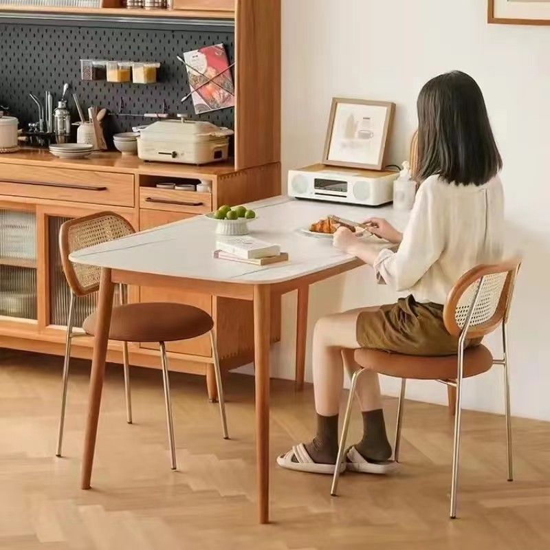 Contemporary Vintage Round Rectangular Rubberwood Plywood Iron Faux Leather PE Rattan Dining Chair Backrest For Dining Room