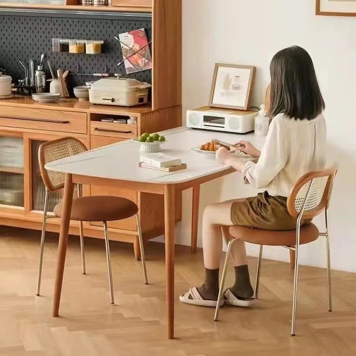 Contemporary Vintage Round Rectangular Rubberwood Plywood Iron Faux Leather PE Rattan Dining Chair Backrest For Dining Room