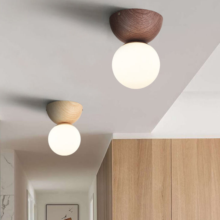 Japanese Minimalist Wood Grain Glass Round 1-Light Flush Mount Ceiling Light