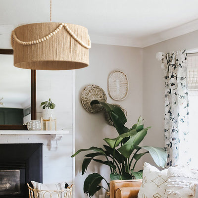 Modern Creative Hemp Rope Wooden Bead Cylinder 1-Light Pendant Light