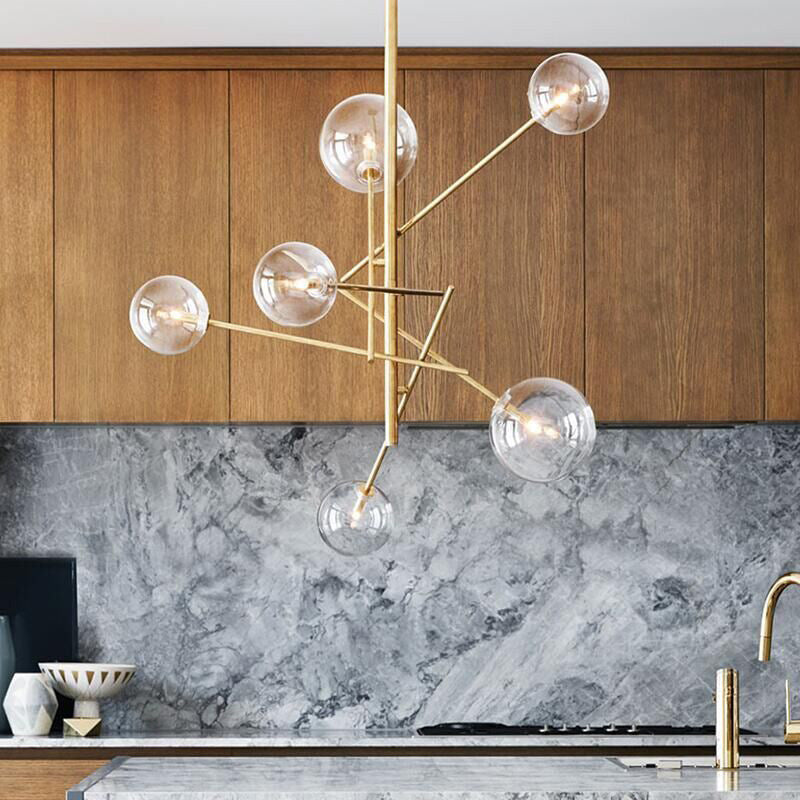 Moderner Mid-Century Magic Bean Glaskugel Eisenrahmen 6-Licht Kronleuchter für Wohnzimmer 