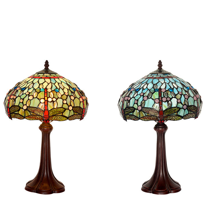 Lampe de table Tiffany traditionnelle en verre teinté en forme de tambour avec libellule, 1 lumière pour étude 