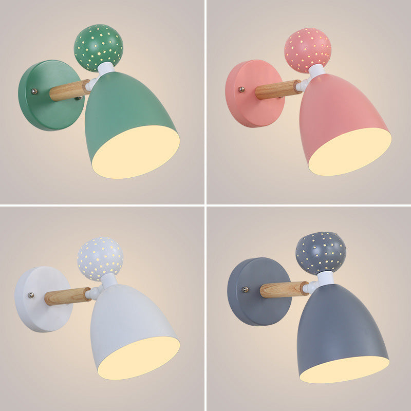 Zeitgenössische skandinavische Macaron Holz Eisen Runde 1-Licht Wandleuchte Lampe für Wohnzimmer 