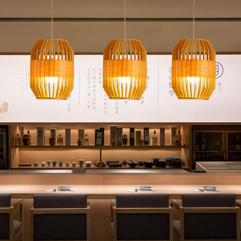Moderne minimalistische Pendelleuchte aus Eichenholz im Vogelkäfig-Design, 1-flammig, für Wohnzimmer &amp; Schlafzimmer 
