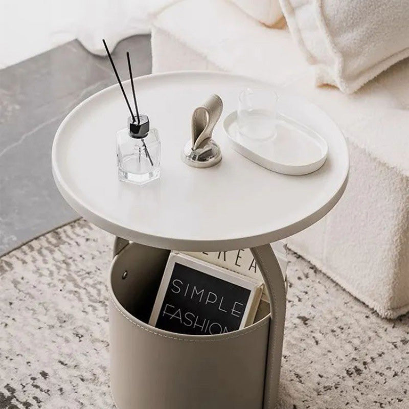Contemporary Creative Round Barrel Faux Saddle Leather Stainless Steel Coffee Table Tote For Living Room