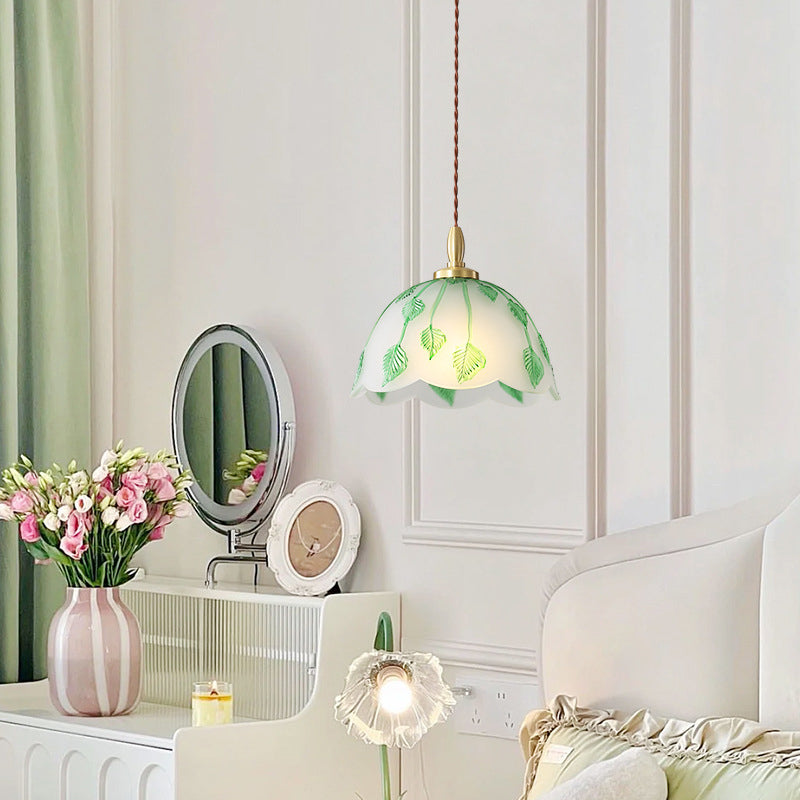 Traditionelle französische Pendelleuchte mit Schale und Blättern, Kupferglas, 1 Licht, für Esszimmer 