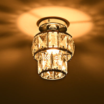 Zeitgenössische Luxus-Deckenleuchte mit Edelstahlrahmen und doppelten Kristallringen, 1-flammig, halbbündige Montage, für Wohnzimmer 