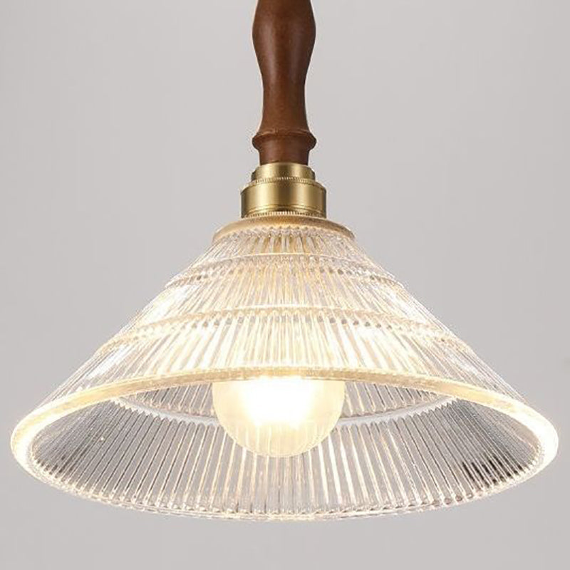 Traditional Japanese Wood Brass Glass Semicircular Loudspeaker 1-Light Pendant Light For Dining Room