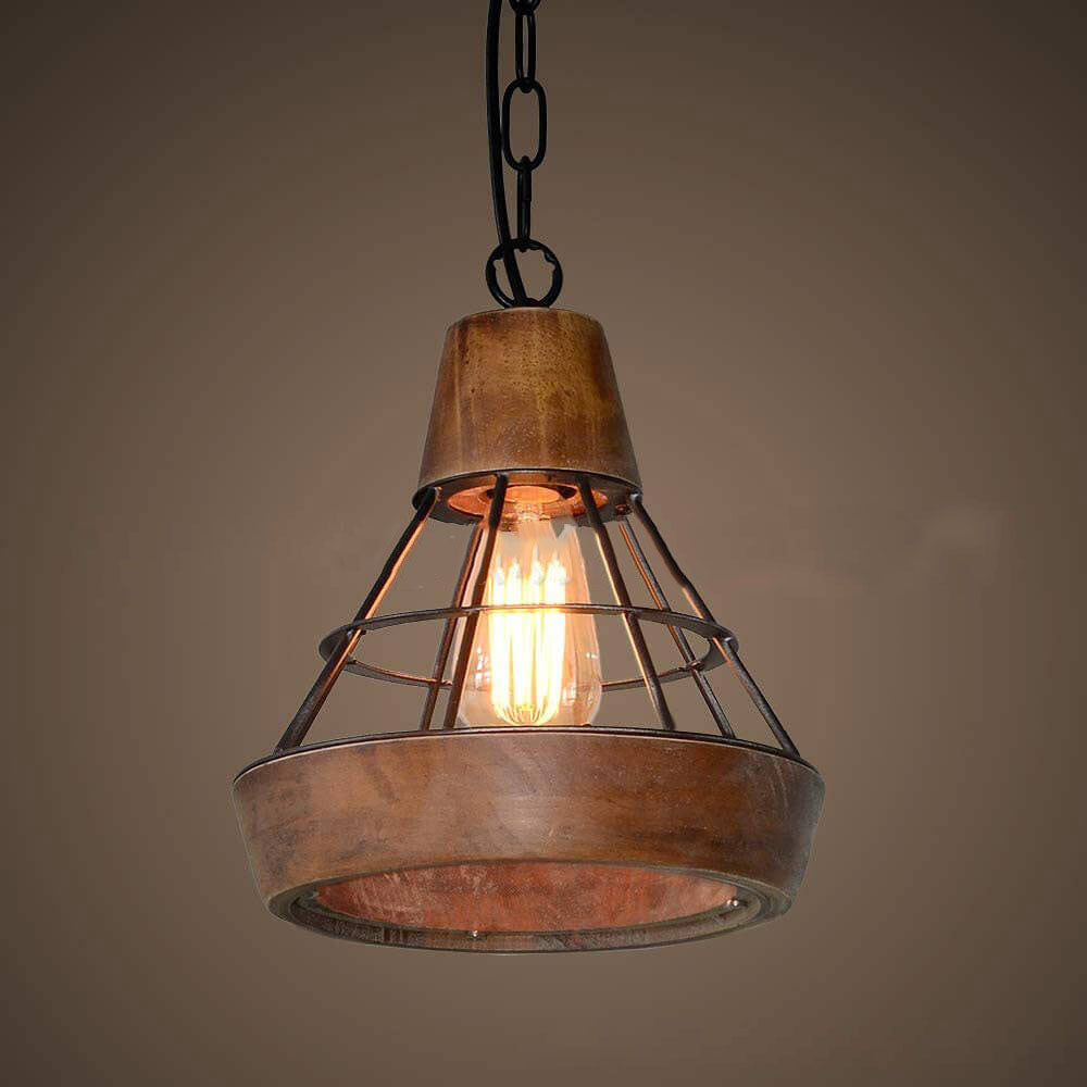 Französische industrielle Schmiedeeisen-Holz-Trichterrahmen 1-Licht-Pendelleuchte 