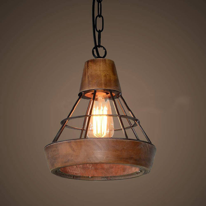 Französische industrielle Schmiedeeisen-Holz-Trichterrahmen 1-Licht-Pendelleuchte 