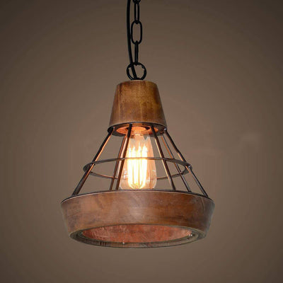 French Industrial Wrought Iron Wood Funnel Frame 1-Light Pendant Light