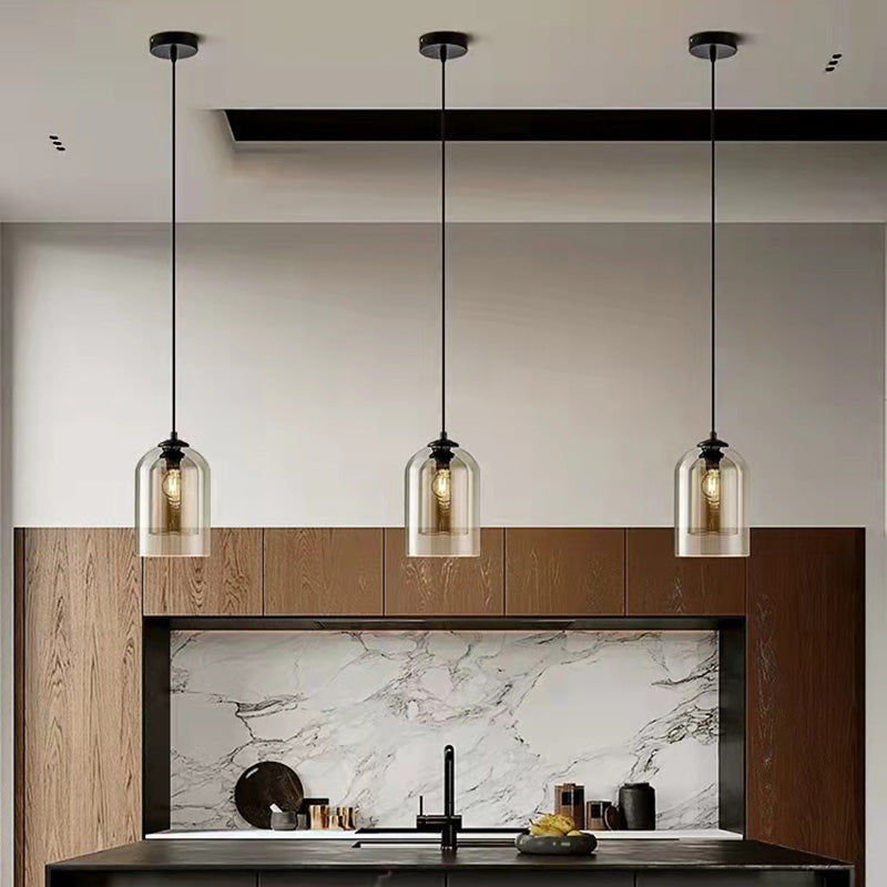 Moderne Einfachheit Zylinder Runde Glas Eisen 1-Licht Pendelleuchte für Wohnzimmer 