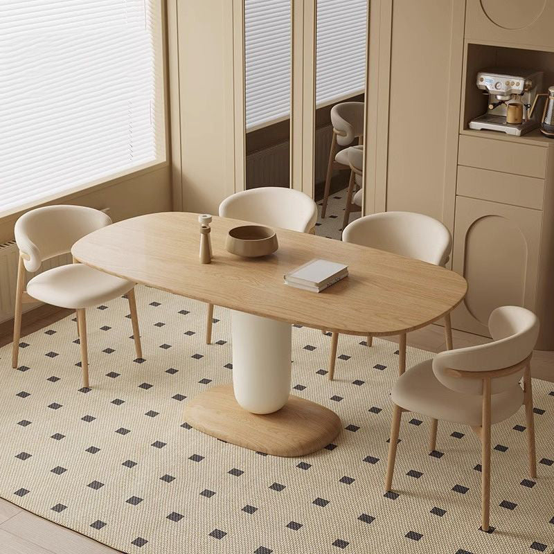 Traditional Japanese Elliptical Oak Wood Cat Scratch Leather Dining Table &amp; Chair Set For 4/6 Seats