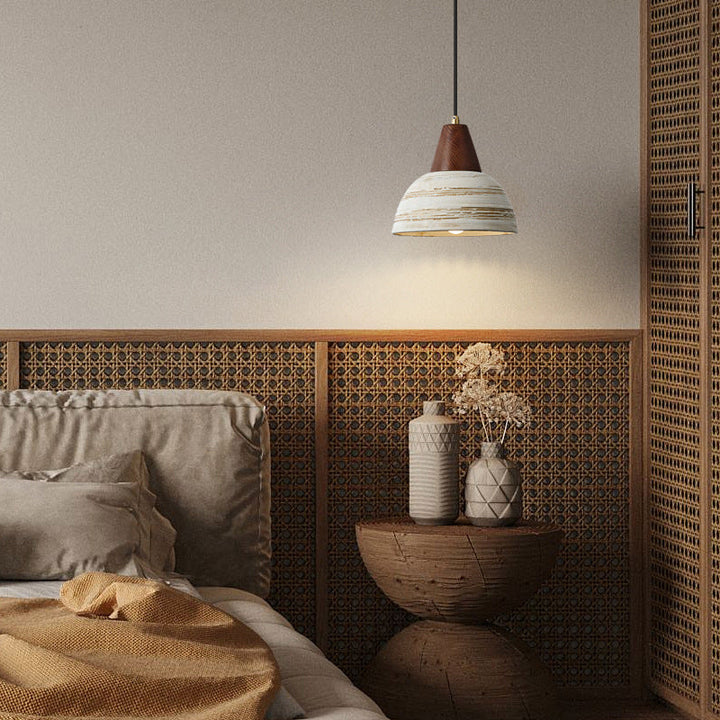 Contemporary Vintage Dome Iron Ash Wood Ceramic 1-Light Pendant Light For Living Room