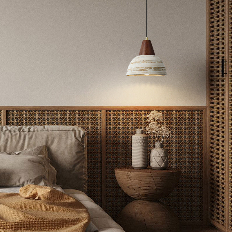 Zeitgenössische Vintage Kuppel Messing Holz Keramik 1-Licht Pendelleuchte für Wohnzimmer 