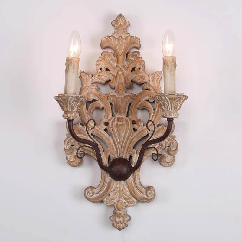 Rural Nostalgic Solid Wood Iron Double Head Candelabra 2-Light Wall Sconce Lamp