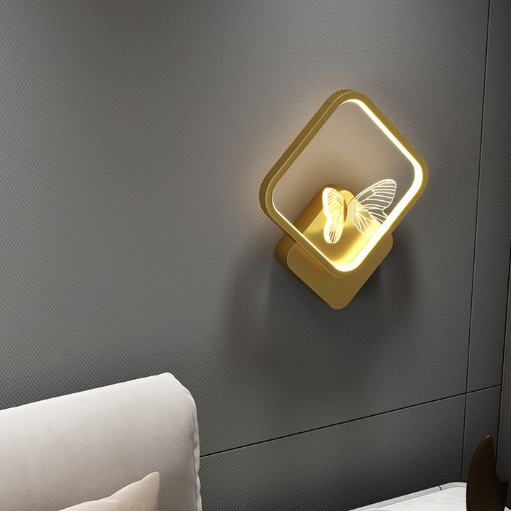 Modern Art Deco Butterfly Iron Silicone Square Round Frame Design LED Wall Sconce Lamp For Bedroom