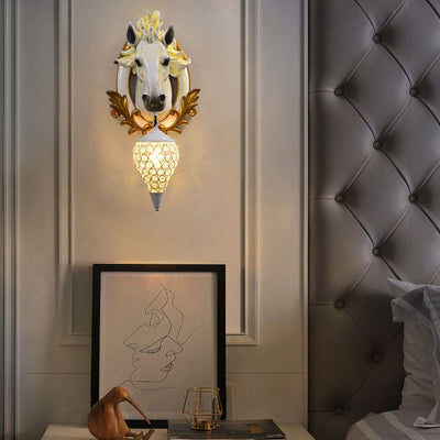 Modern Eclectic Resin Horse Head Decor Crystal Round Shade 1-Light Wall Sconce Lamp For Living Room