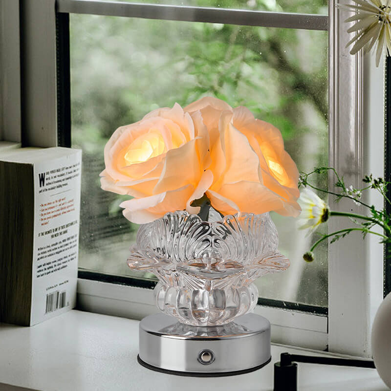 Moderne dekorative Rosenmetall-Glas-LED-Tischlampe 
