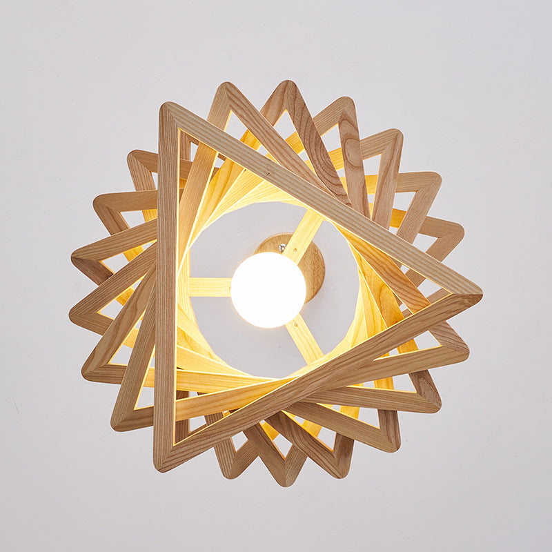Traditional Japanese Wood Triangle Splicing Swirl 1-Light Pendant Light For Dining Room