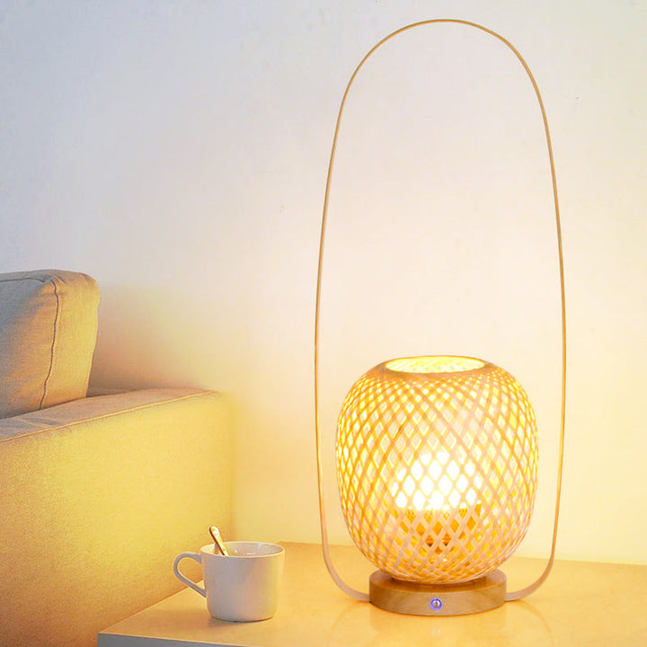 Lámpara de mesa USB LED portátil con jaula de tejido de bambú japonés tradicional para dormitorio 