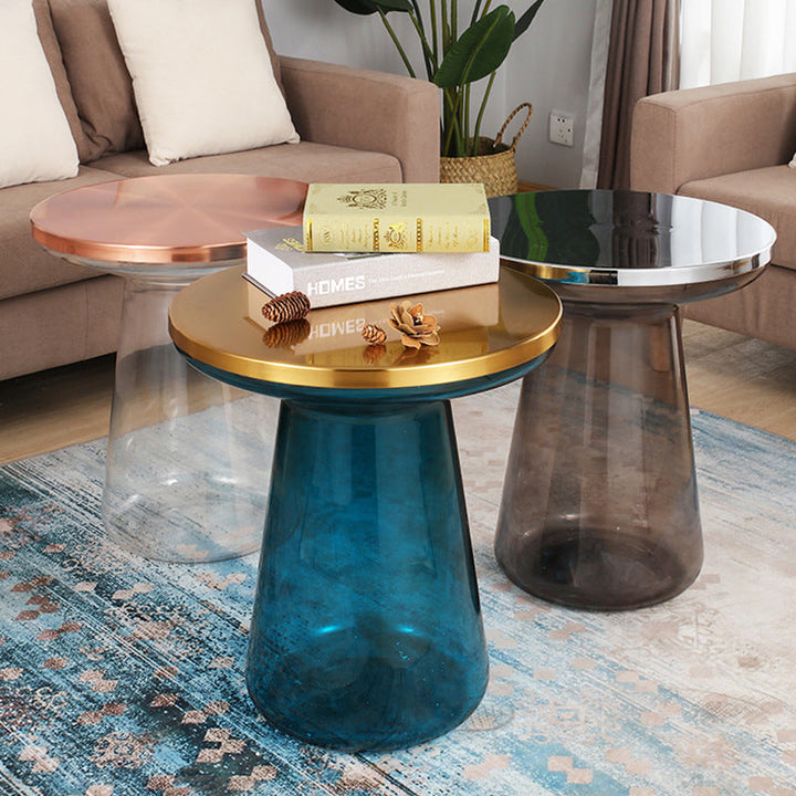 Table basse contemporaine créative en verre rond plaqué métal avec 1 armoire pour salon 