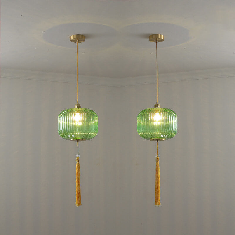 Lámpara colgante de 1 luz de vidrio de cobre con forma de linterna moderna nórdica 