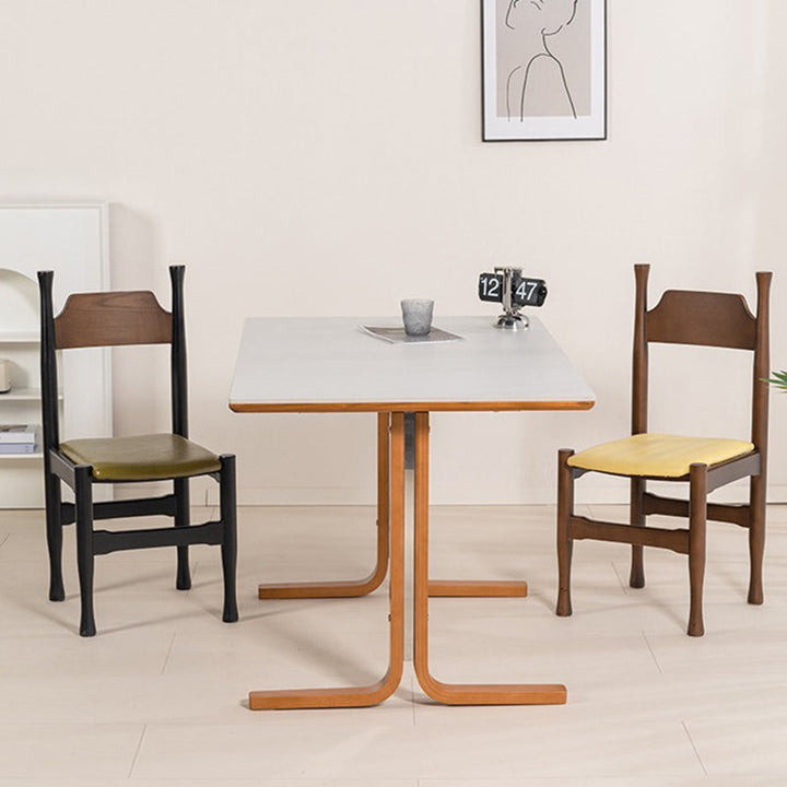 Table de salle à manger rectangulaire contemporaine rétro avec pieds incurvés en ardoise, bois et fer pour 4 places 
