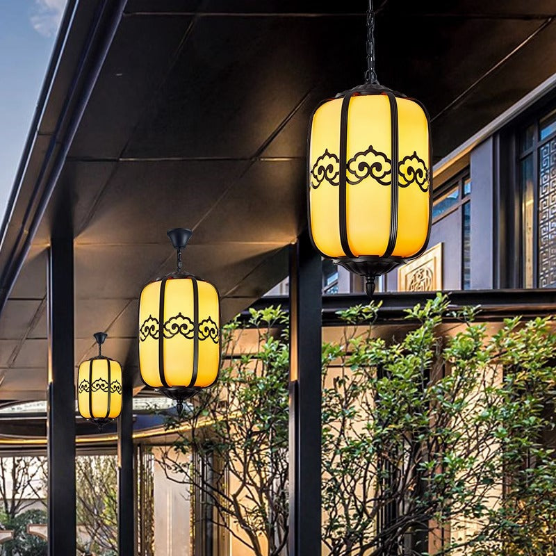 Pantalla de Linterna de Mármol de Imitación Chino Tradicional de Aluminio 1-Luz Impermeable Lámpara Colgante para Patio Exterior 