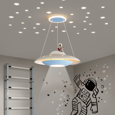 Moderne Art Deco Kinder Eisen Acryl UFO Raumschiff Astronaut Runde LED Pendelleuchte Für Schlafzimmer 