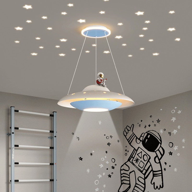 Moderne Art Deco Kinder Eisen Acryl UFO Raumschiff Astronaut Runde LED Pendelleuchte Für Schlafzimmer 