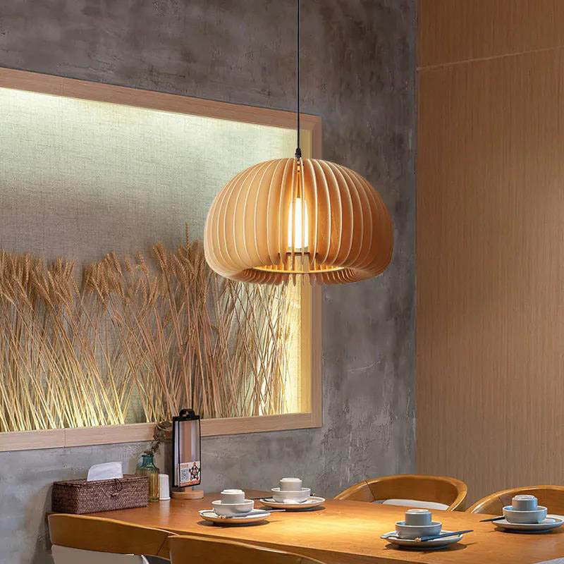 Traditional Japanese Iron Wooden Pumpkin Shape 1-Light Pendant Light For Living Room