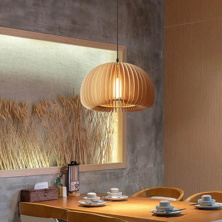 Traditional Japanese Iron Wooden Pumpkin Shape 1-Light Pendant Light For Living Room