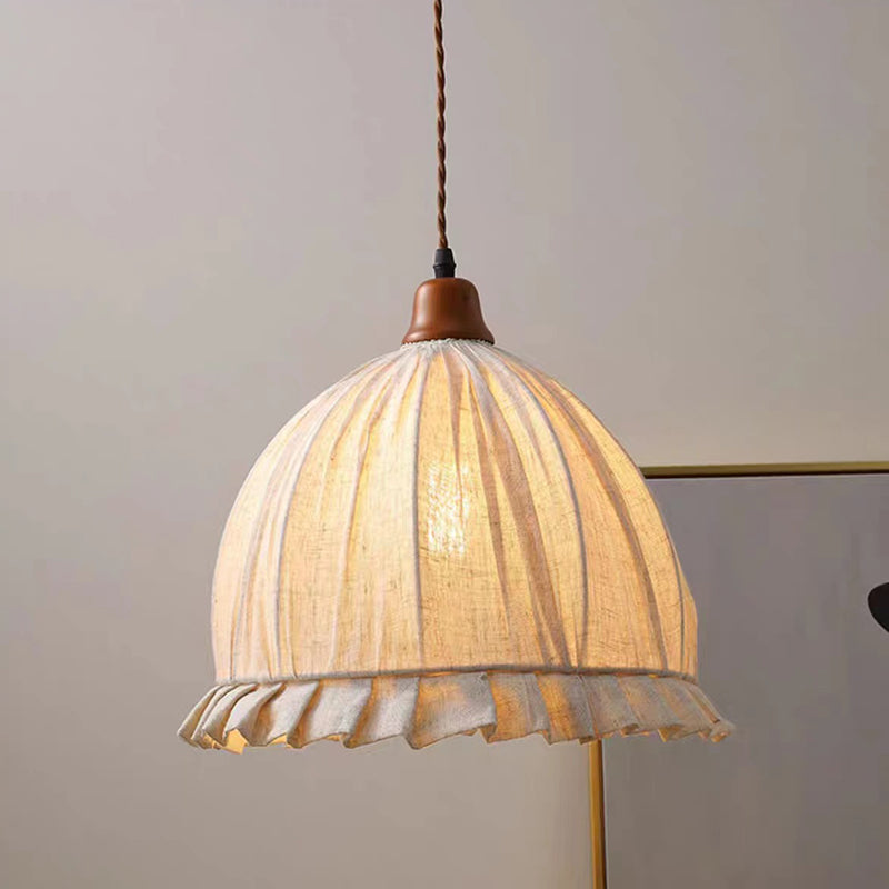 Zeitgenössische Retro Halbkugelförmige Spitze Massivholz Stoff 1-Licht Pendelleuchte Für Schlafzimmer 