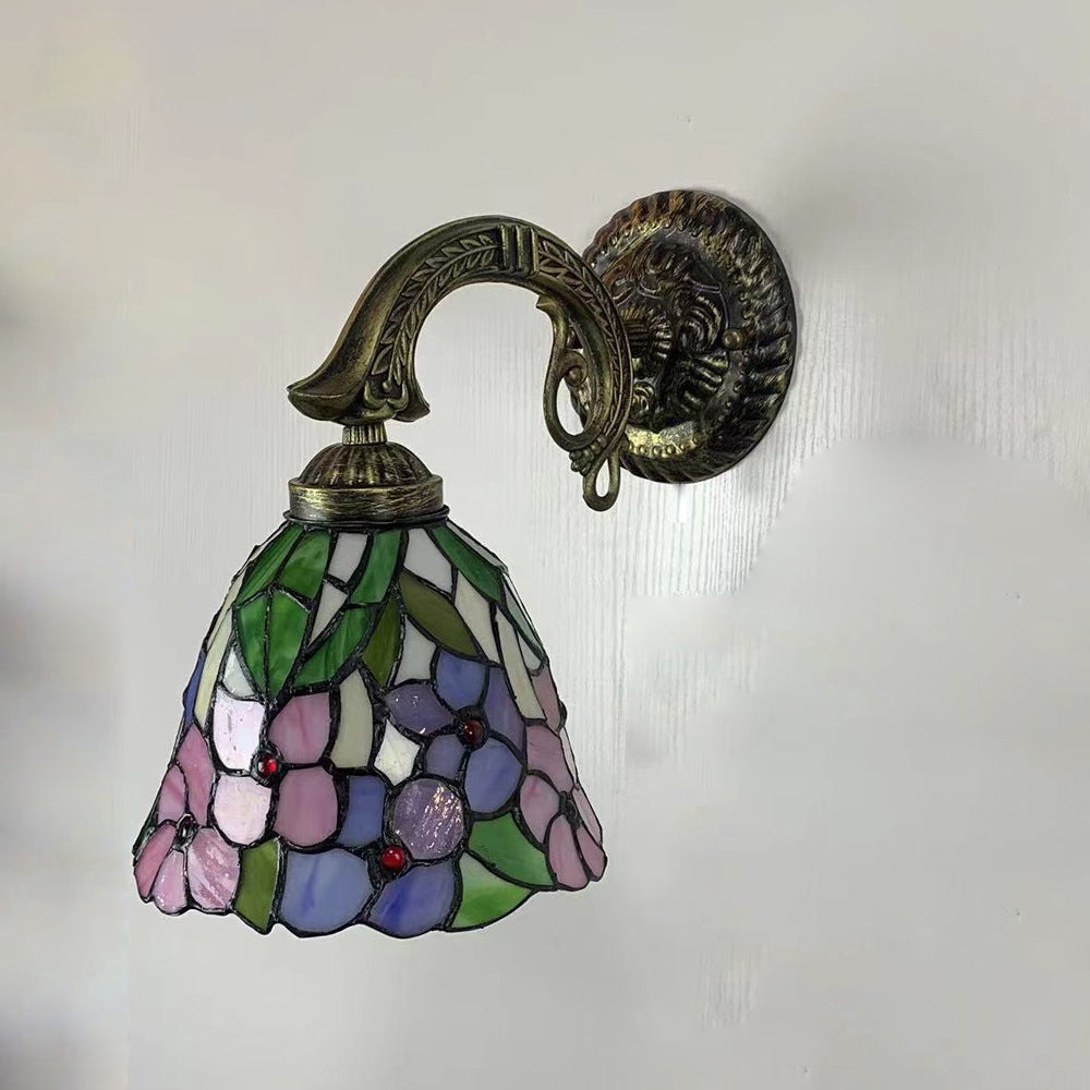 Applique murale en alliage de zinc avec verre teinté Tiffany Flower Cup traditionnelle 1 lumière pour chambre à coucher 