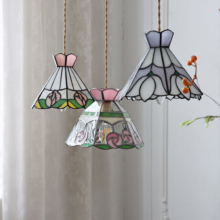 Vintage Tiffany Rose Flower Conical Stained Glass 1-Light Pendant Light