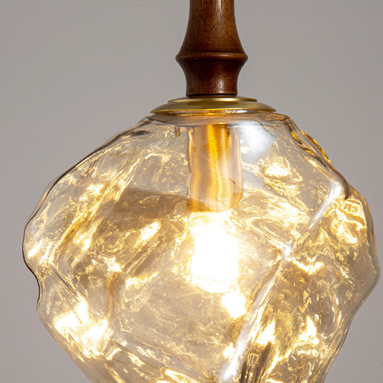 Traditional Vintage Irregular Ice Cube Shape Glass Aluminum Wood 1-Light Pendant Light For Living Room