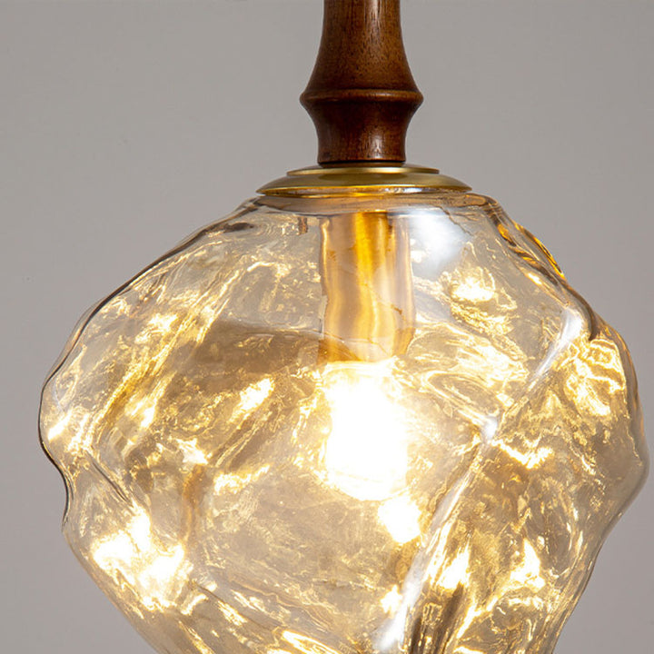 Traditional Vintage Irregular Ice Cube Shape Glass Aluminum Wood 1-Light Pendant Light For Living Room