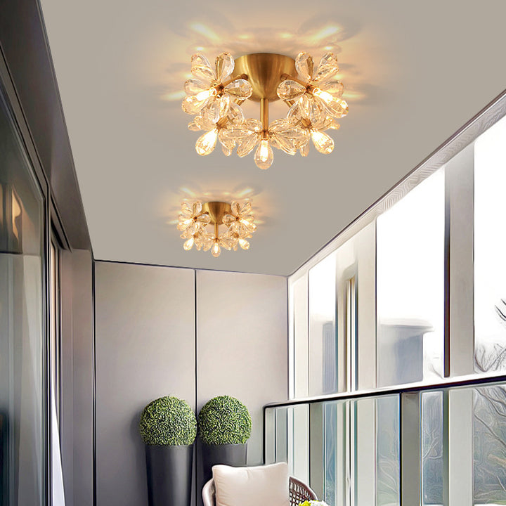 Moderne minimalistische Blume Messing Kristall 3/5/6/7 Licht Unterputz Deckenleuchte für Wohnzimmer 