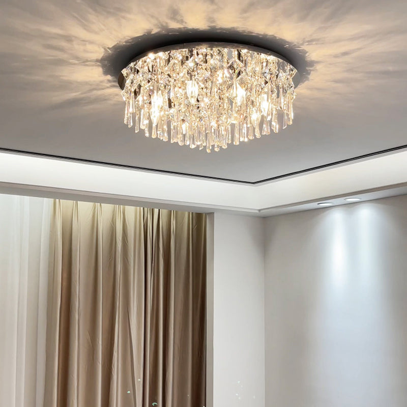 Luxe contemporain Éblouissant chaînes de cristal prismatiques Cadre rond en acier inoxydable Plafonnier encastré à 2/6/8 lumières pour salon 