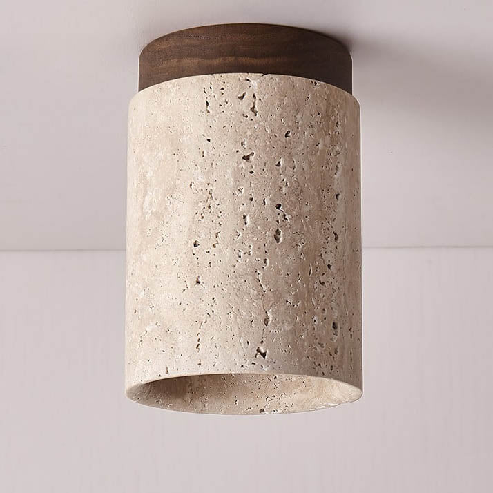 Traditional Rustic Travertine Column 1-Light Semi-Flush Mount Ceiling Light For Hallway