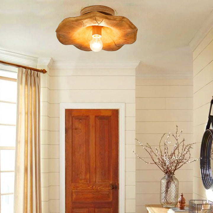 Traditional Vintage Lotus Leaf Resin Fiber Glass 1-Light Semi-Flush Mount Ceiling Light For Bedroom