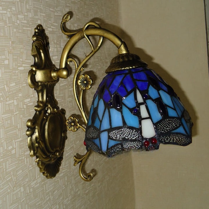 Tiffany Handmade Stained Glass Dragonfly 1-Light Wall Sconce Lamp