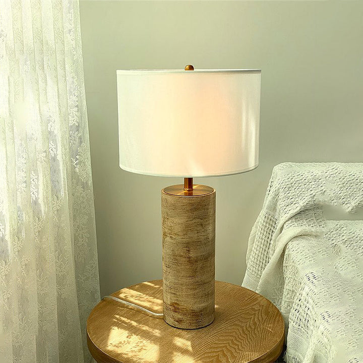 Pantalla cilíndrica de tela vintage tradicional con base de madera maciza, lámpara de mesa de 1 luz para dormitorio 