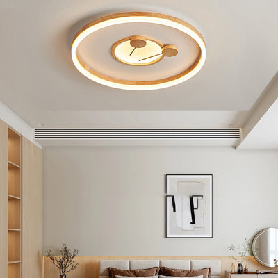 Japanese Cartoon Round Solid Wood Acrylic LED Flush Mount Ceiling Light