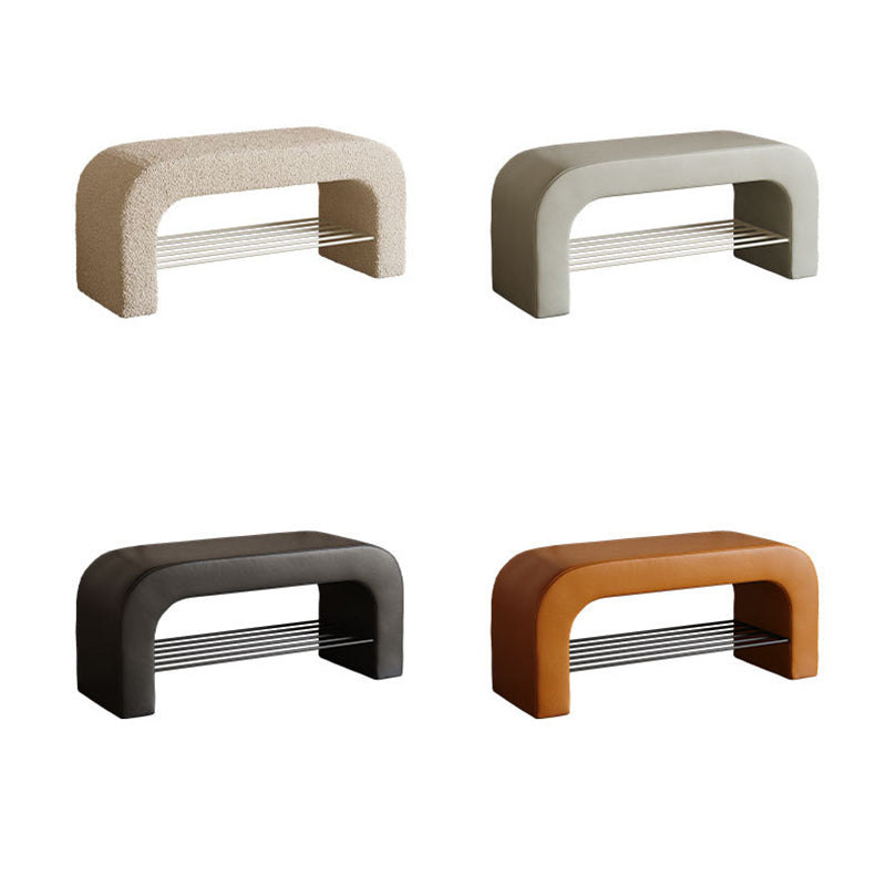 Banc de rangement moderne minimaliste en agneau rectangulaire long en cuir PU avec fer, 1 étagère pour les entrées 
