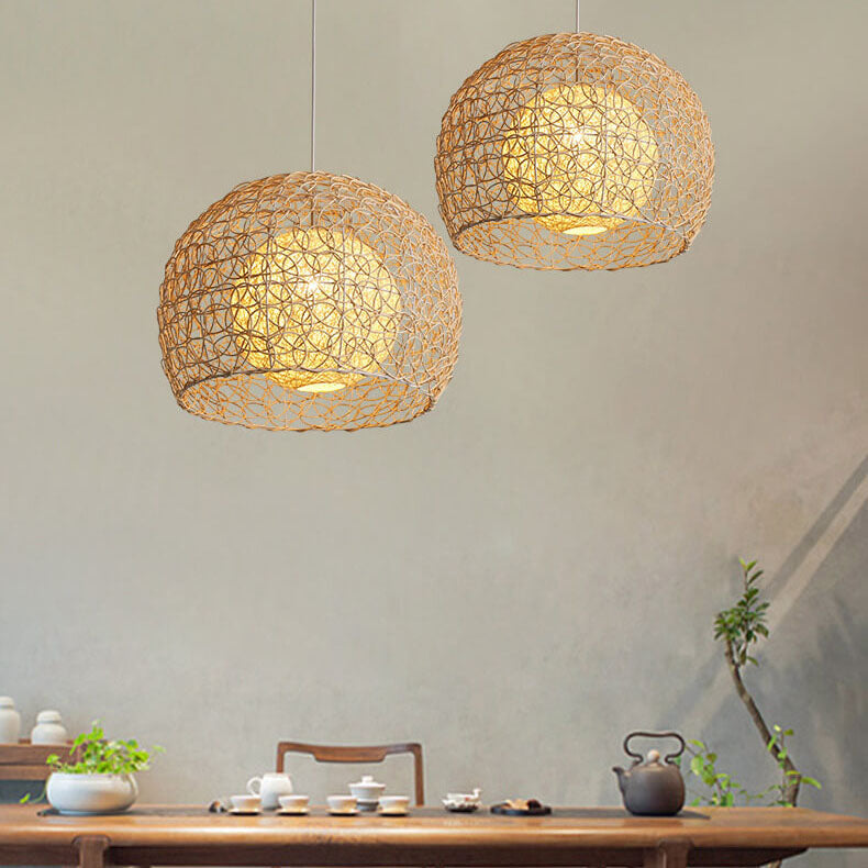 Contemporary Boho Round Faux Rattan Weaving 1-Light Pendant Light For Dining Room