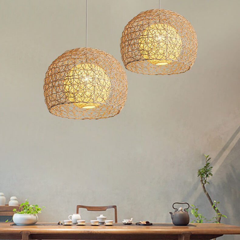 Contemporary Boho Round Rattan Weaving 1-Light Pendant Light For Dining Room