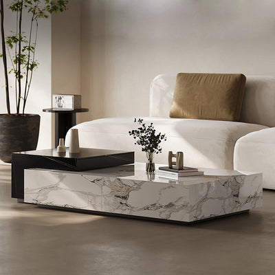 Mesa de café de madera rectangular cuadrada minimalista moderna con placa de piedra y 4 cajones para sala de estar 