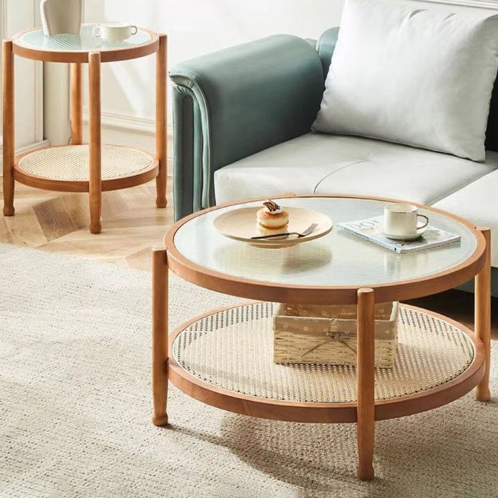 Modern Minimalist Round Horizontal Strip Glass Plastic Rattan Rubberwood Coffee Table 2-Tier For Living Room